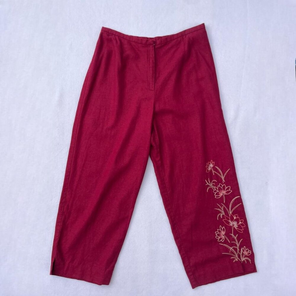 Norton McNaughton Linen Maroon Burgundy Floral Embroidery Capri Pants Size 14